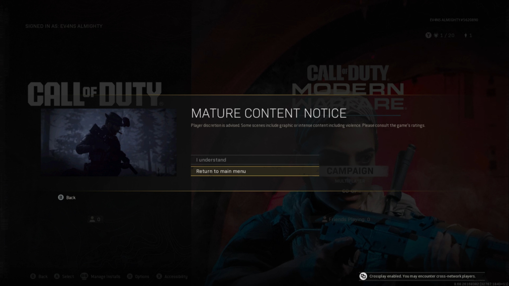 Mature content warning in Call of Duty